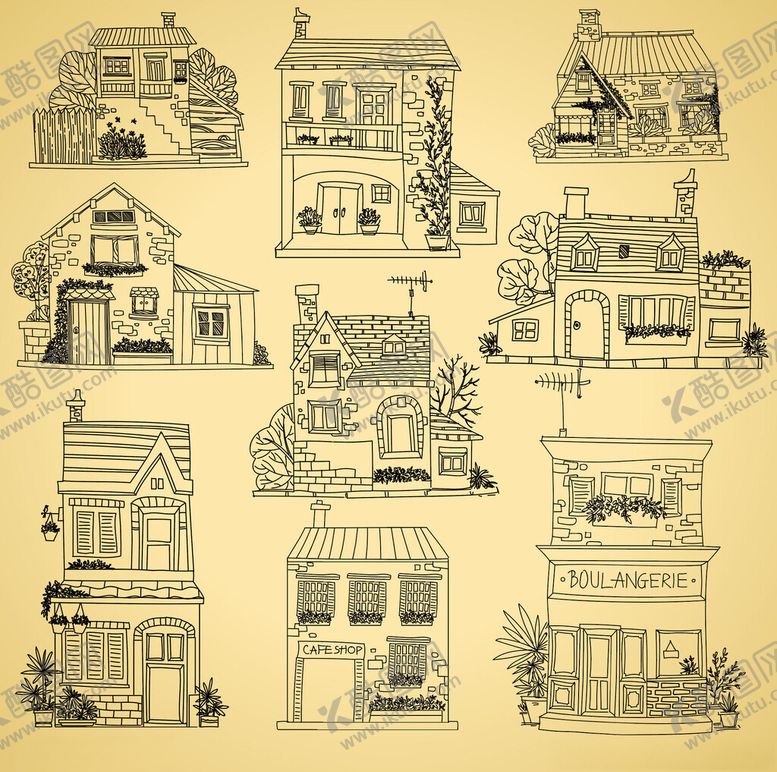 编号：37021312181929333473【酷图网】源文件下载-手绘复古风格房屋插画
