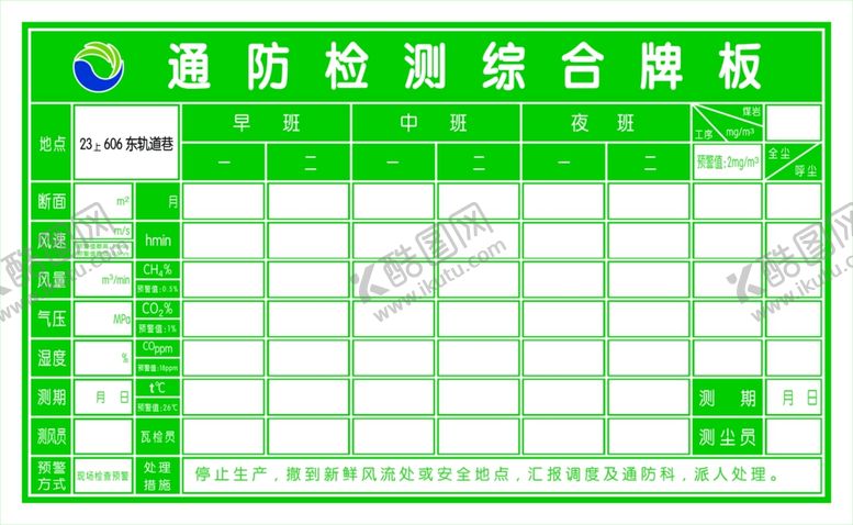 编号：92297410050117197647【酷图网】源文件下载-通防检测综合牌板早班