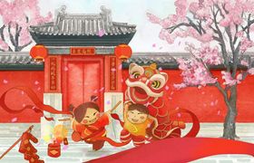 春节儿童舞狮传统新年矢量