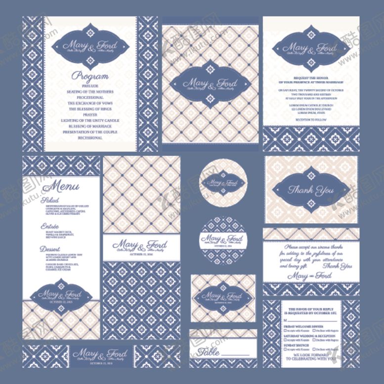 编号：45429004010419542083【酷图网】源文件下载-蓝白花卉婚礼请柬设计