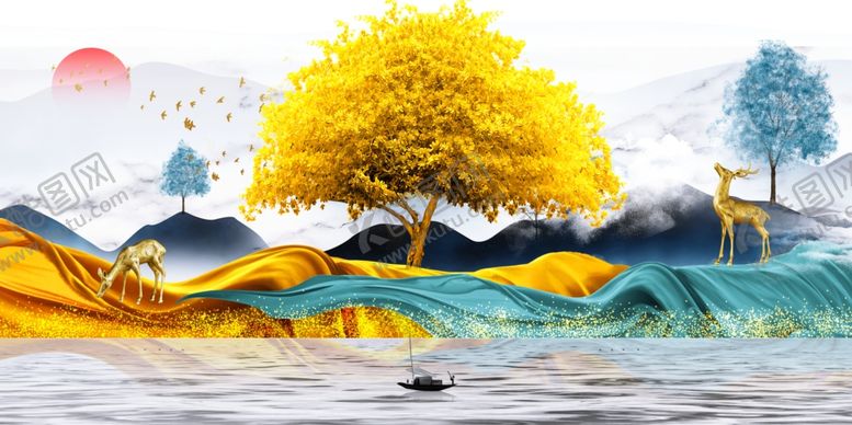 编号：39423209301730563076【酷图网】源文件下载-新中式麋鹿装饰画