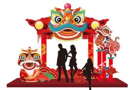 传统文化中国风红色喜庆醒狮门头美陈