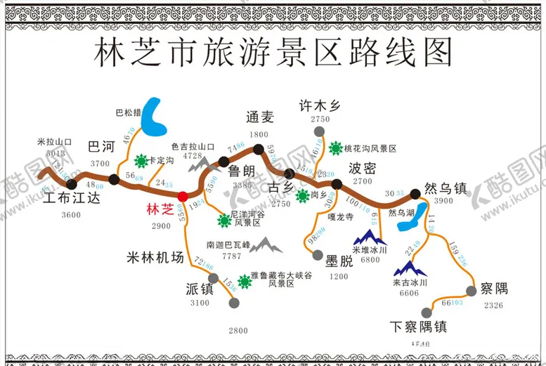 编号：90253107041227527346【酷图网】源文件下载-林芝市旅游景区路线图