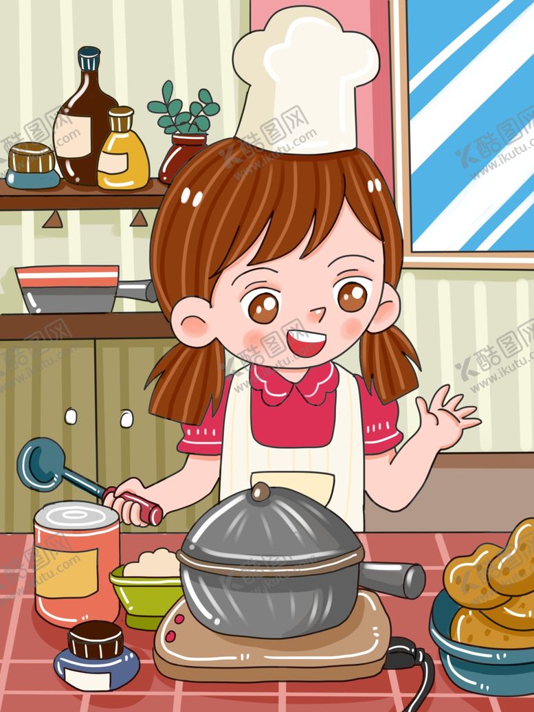 编号：27549007140940561475【酷图网】源文件下载-做饭的女孩插画