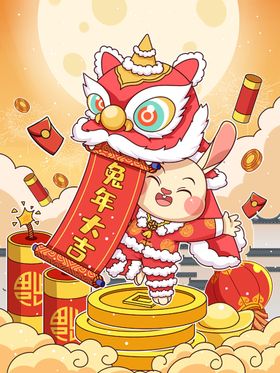 兔年插画子舞狮2023国潮