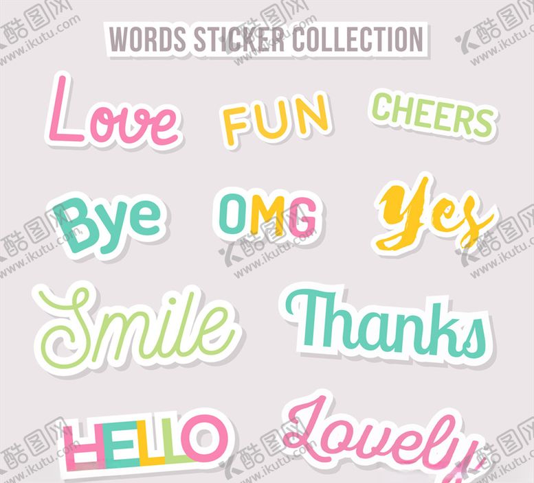 编号：12599309190530021469【酷图网】源文件下载-彩色单词贴纸矢量素材
