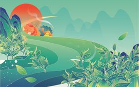 清明茶山田园风光插画