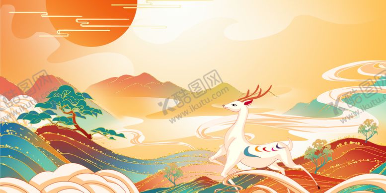 编号：94126509141031581435【酷图网】源文件下载-国潮麋鹿背景花卉梅花鹿