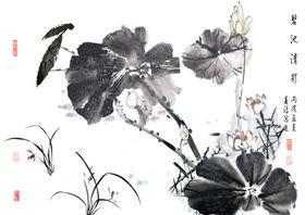 水墨画荷花背景墙