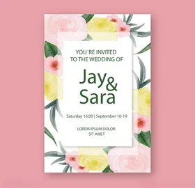 彩色花朵婚礼邀请卡矢量