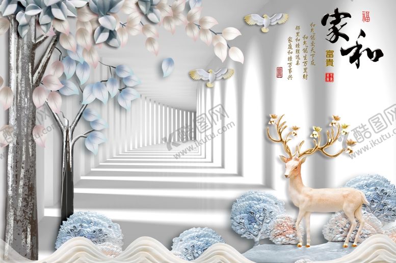 编号：64868907080009583983【酷图网】源文件下载-浮雕大树空间小鹿家和背景墙