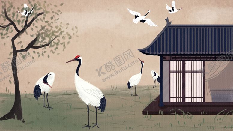 编号：58646704031458103166【酷图网】源文件下载-中式庭院白鹤栖息图景