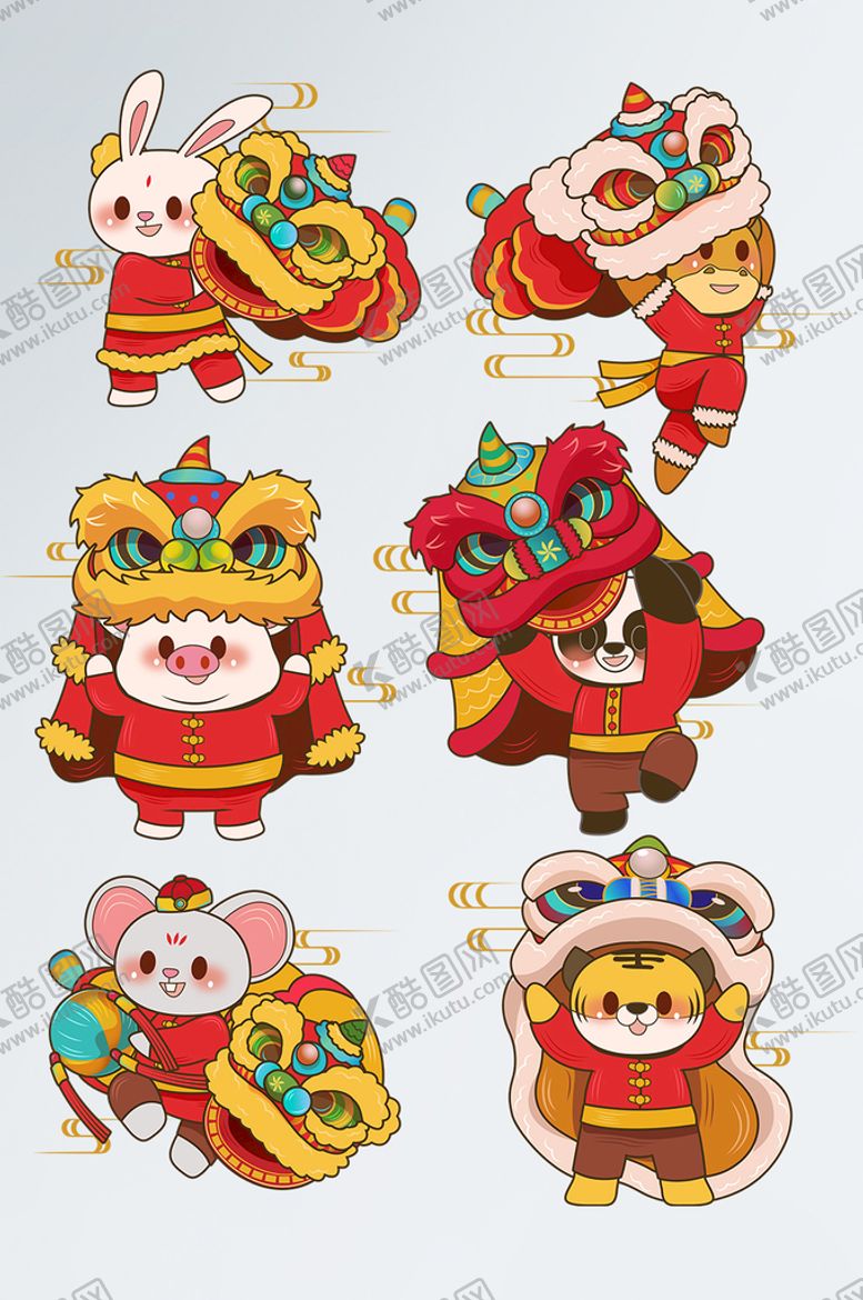 编号：31836310170941467420【酷图网】源文件下载-动物舞狮兔牛猪熊猫老鼠老虎矢量