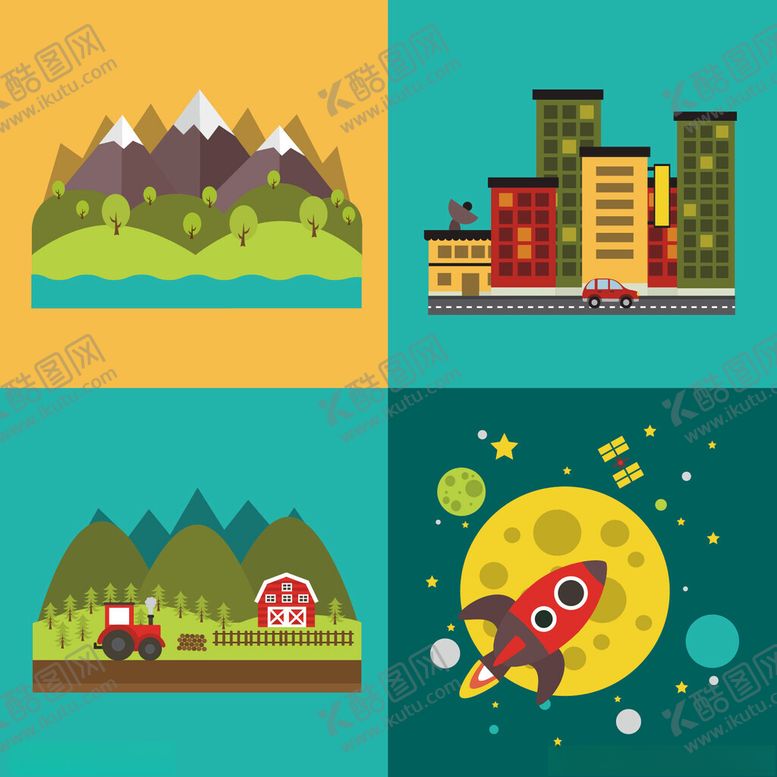 编号：73030006292014411141【酷图网】源文件下载-矢量山峰城市太空插画