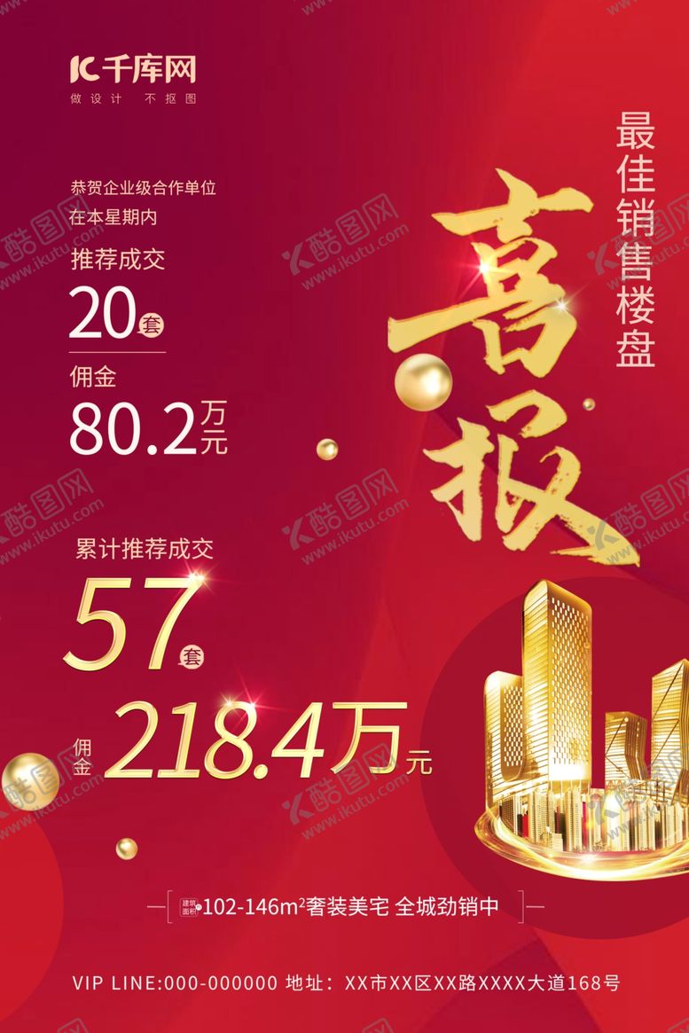 编号：34705207082310465883【酷图网】源文件下载-喜报捷报金色地产红色简约海报