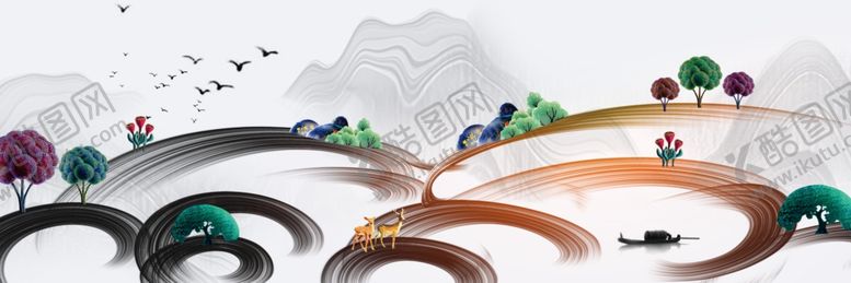 编号：77408010081757529058【酷图网】源文件下载-地产水彩山水古风壁画墙贴素材