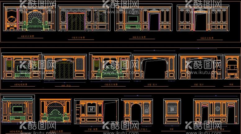 编号：98183411241521513303【酷图网】源文件下载-法式整木背景墙常用CAD