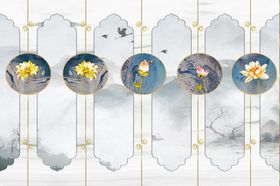 水墨山水简约花鸟背景客厅装饰画中国风创意中式