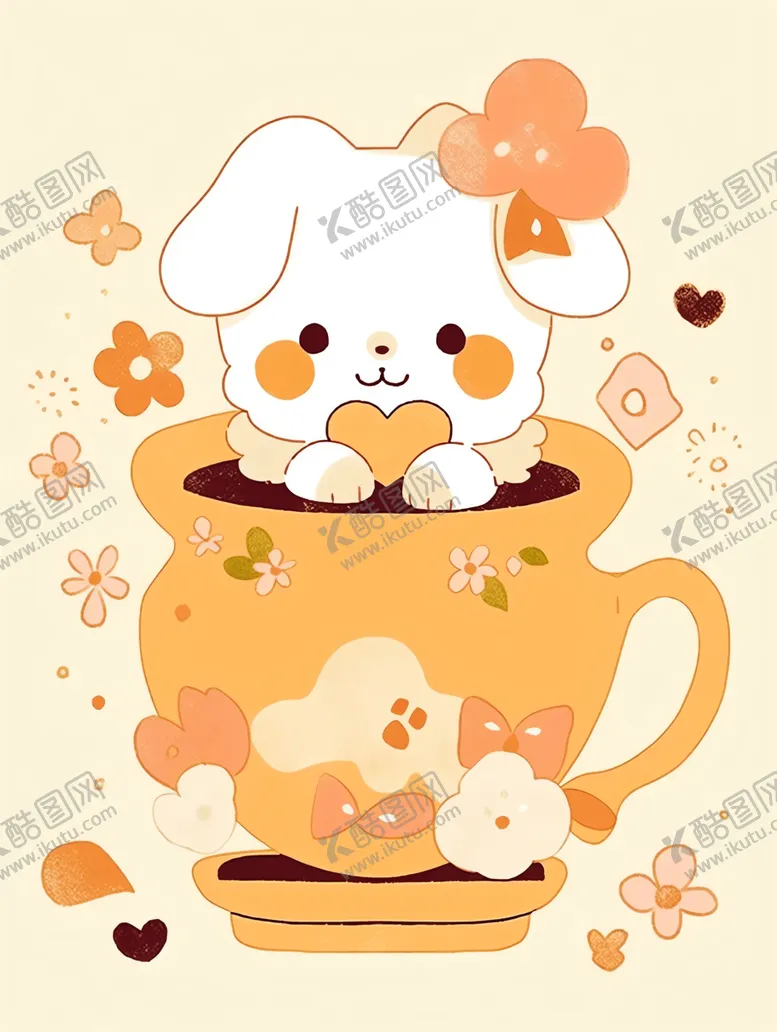 单层可爱的小狗在杯中花纹室内装饰大眼睛