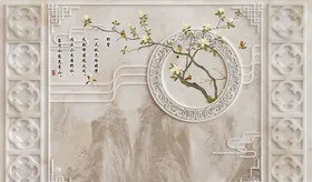 花鸟画小船梨花江南春造型背景墙