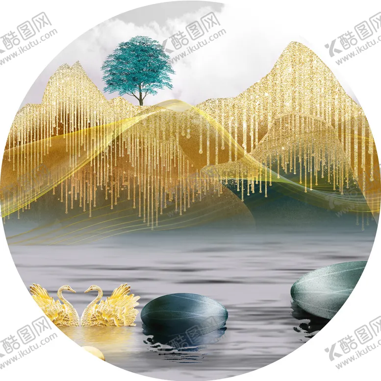 编号：45138009151005392480【酷图网】源文件下载-湖畔水墨圆形挂画装饰画现代金箔山脉
