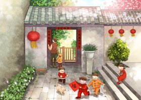 新年国风插画卡通背景素材