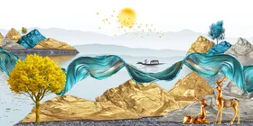 客厅三联抽象装饰画麋鹿装饰画灯带画家居装饰画
