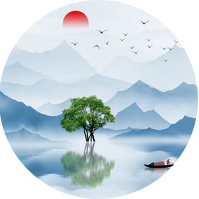 水墨湖泊风景画圆形挂画装饰画