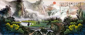 水墨山水背景荷花春天插画