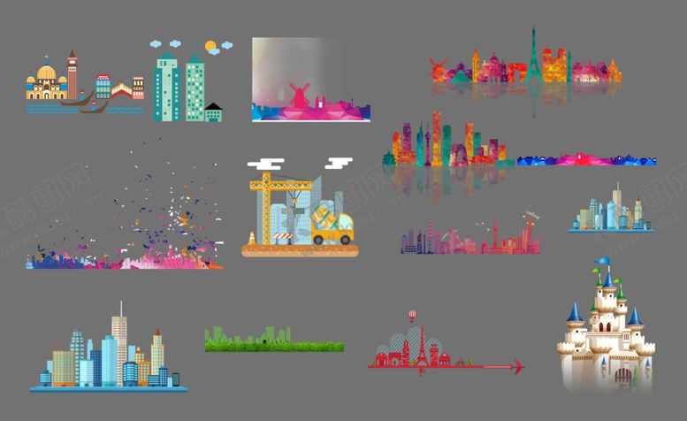 编号：16902210301133179200【酷图网】源文件下载-多彩城市建筑元素插画