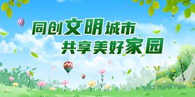 蓝天白云绿草地创文创卫展板背景