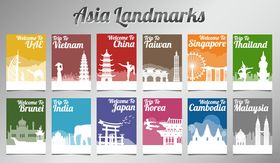 亚洲地标建筑多彩剪影