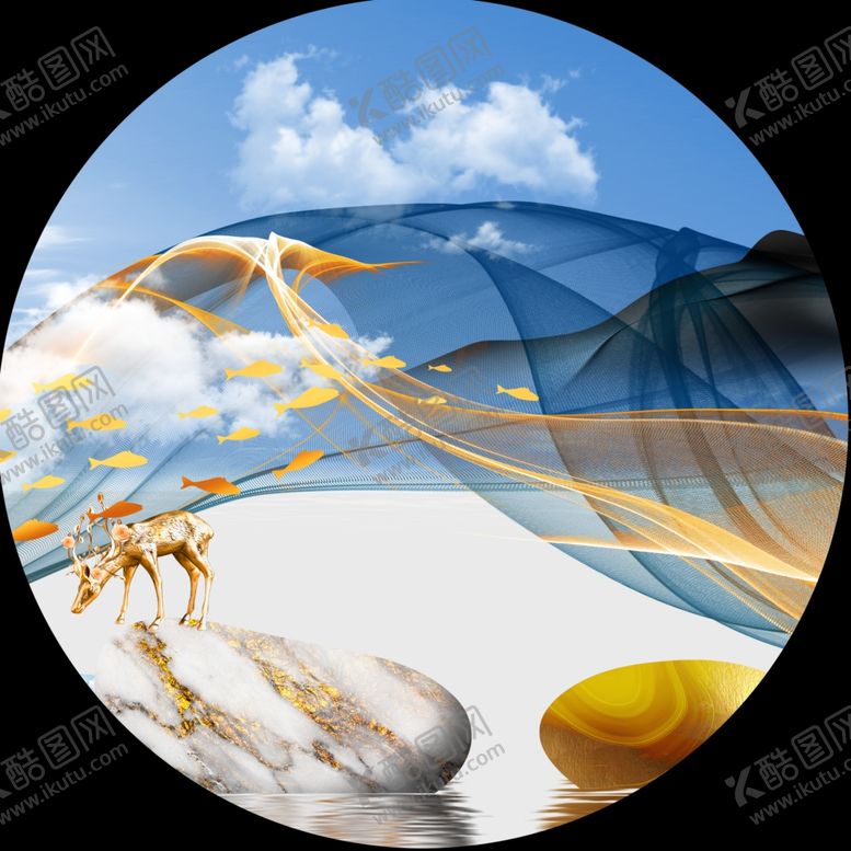 编号：85061711301613513369【酷图网】源文件下载-湖畔鹅卵石风景画圆形挂画