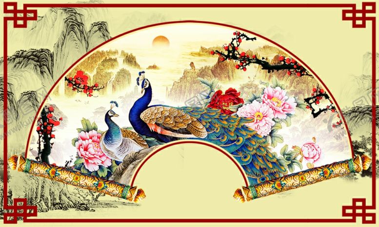 编号：90974909210319058538【酷图网】源文件下载-中式扇形孔雀山水壁纸背景
