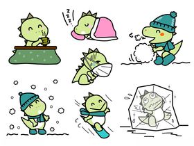 小恐龙冬日生活趣味插画