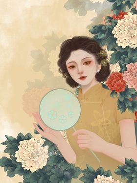 古典佳人持扇赏花图