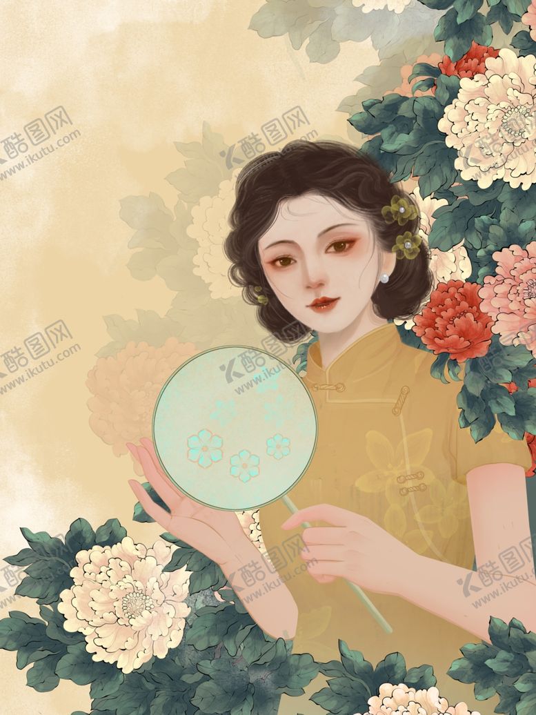 编号：37362512191349397752【酷图网】源文件下载-古典佳人持扇赏花图