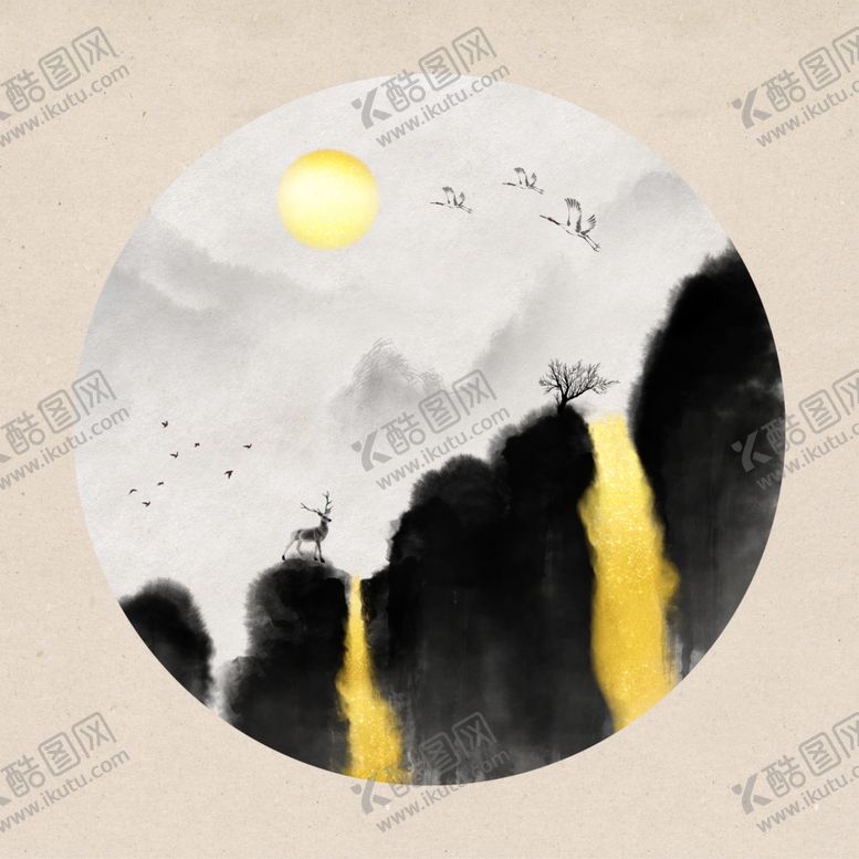 编号：19893301122007366035【酷图网】源文件下载-水墨麋鹿意境山水装饰画