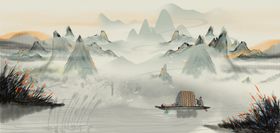 水墨山水间的孤舟意境