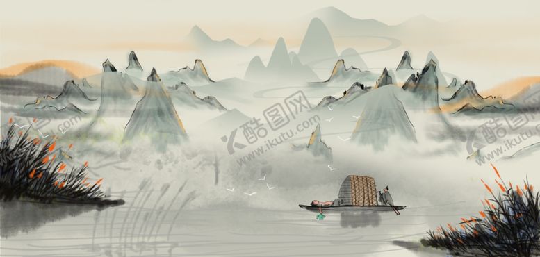 编号：81508711020850542739【酷图网】源文件下载-水墨山水间的孤舟意境