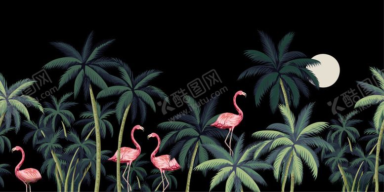 编号：70590310161259335842【酷图网】源文件下载-月夜下的火烈鸟与棕榈树