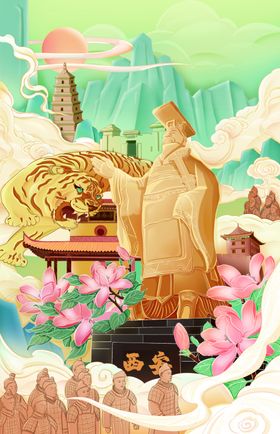 手绘国潮西安旅游城市建筑插画