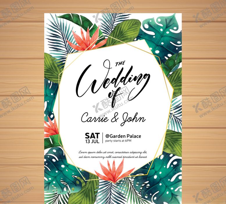 编号：72247909142024333162【酷图网】源文件下载-彩绘热带花草婚礼邀请卡