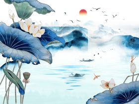 蓝色荷花水墨中式玄关屏风装饰画