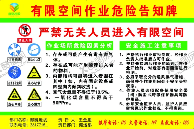 编号：48349507051412461957【酷图网】源文件下载-有限空间作业危险告知牌