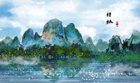 桂林景点国风插画卡通背景
