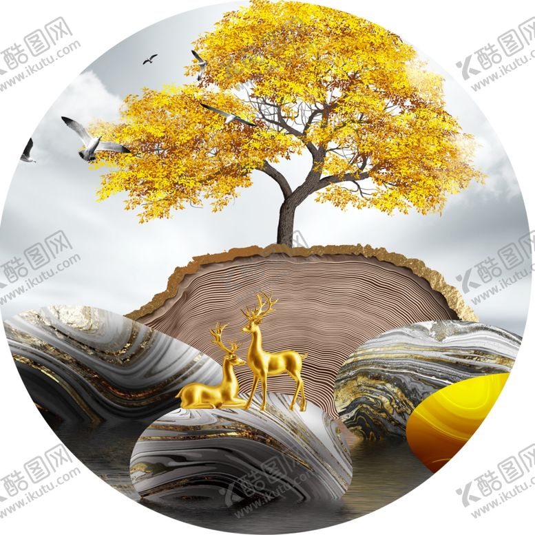编号：16619901170519003858【酷图网】源文件下载-发财树麋鹿圆形挂画装饰画