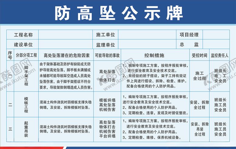 编号：23795105040646455730【酷图网】源文件下载-防高坠公示牌