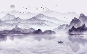 水墨山水画古风黑白船