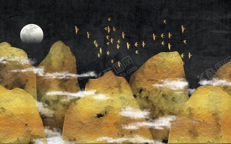 编号：10193209261009522751【酷图网】源文件下载-山水画飞鸟背景墙